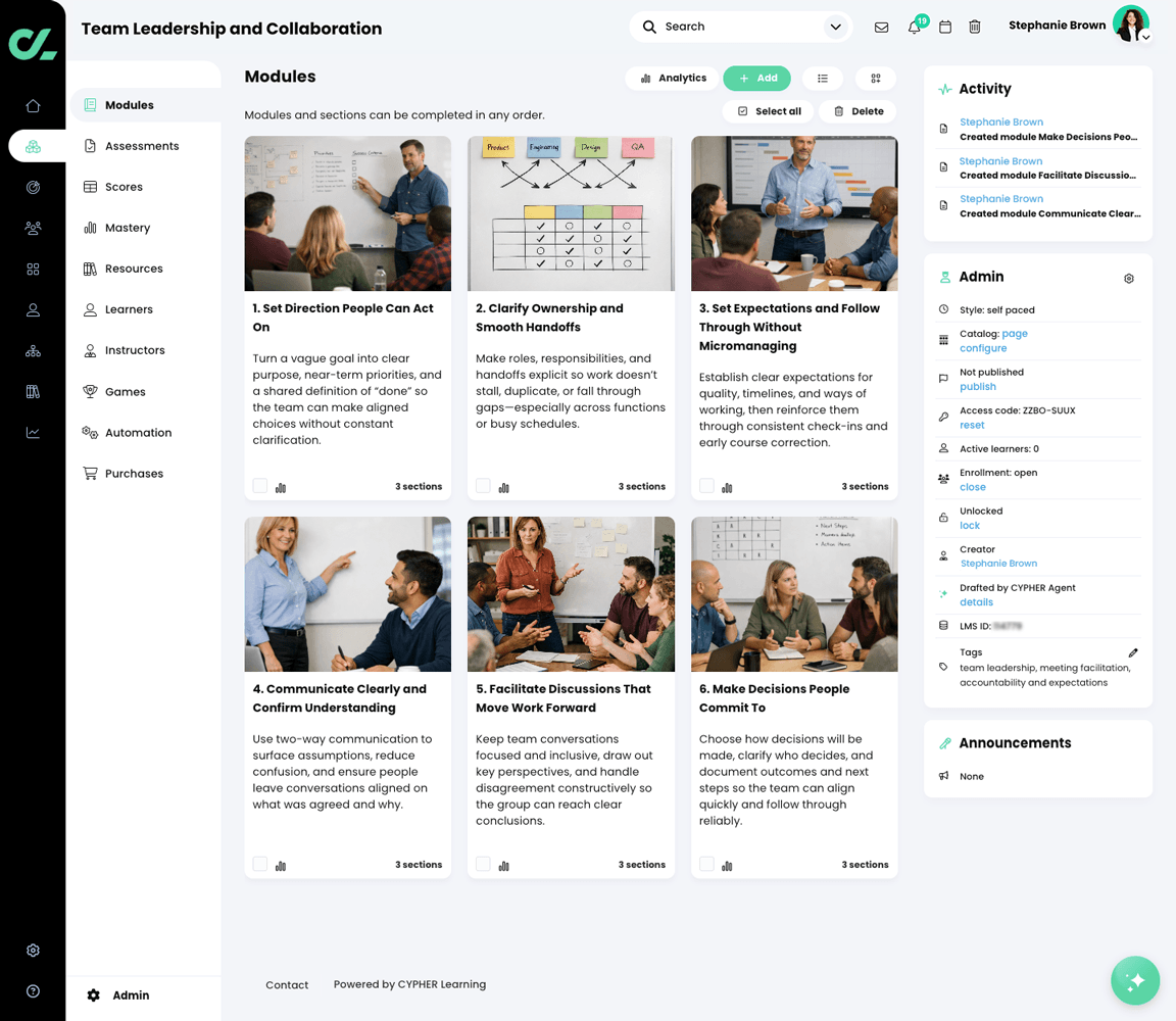 Completed course generated by CYPHER Agent Modules page