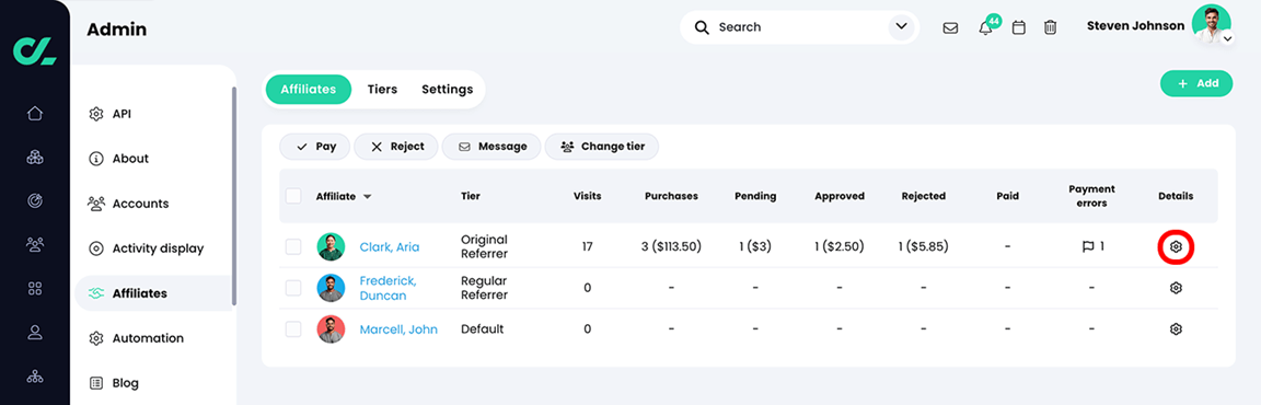 Admin, Affiliates with three pending affiliate referrals listed with the Details icon highlighted for one affiliate