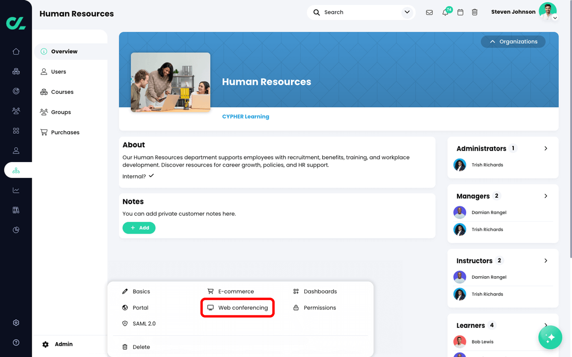 Organization page with the Admin menu active and the Web conferencing button highlighted