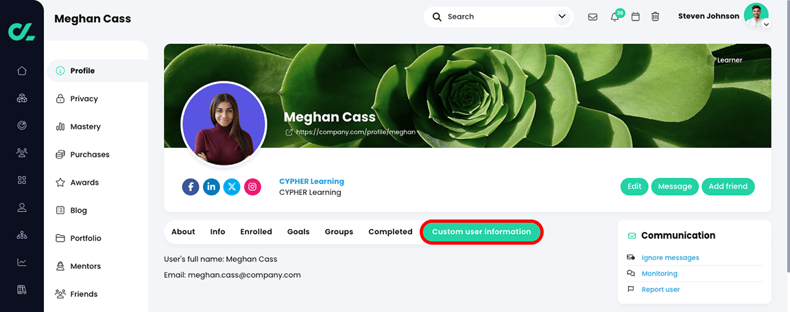 User profile page with a new, custom profile tab highlighted