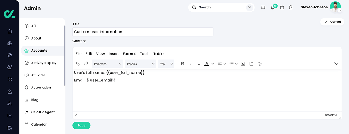 Admin, Accounts, new profile tab page with an example of a new tab title and content