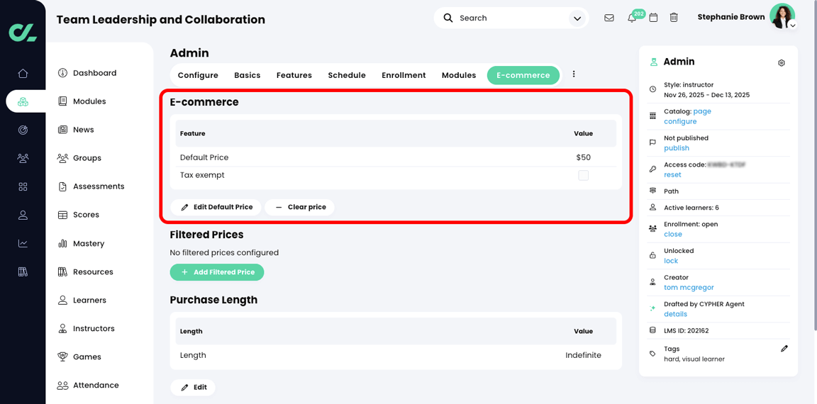 Course, Admin, E-commerce tab with the E-commerce section highlighted and a Default Price set