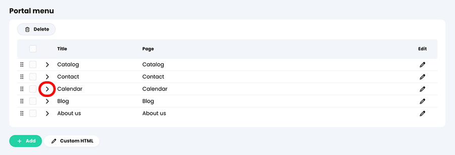 Admin, Portal, Visitor view tab, Portal menu section with the right arrow icon highlighted for the Calendar menu item