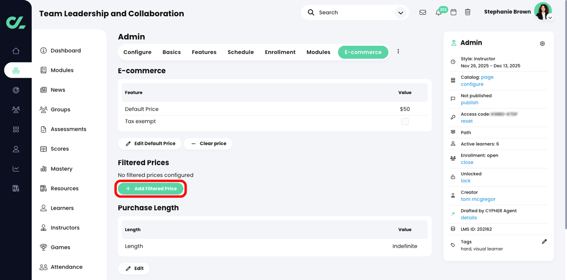 Course, Admin, E-commerce tab with the Add Filtered Price button highlighted