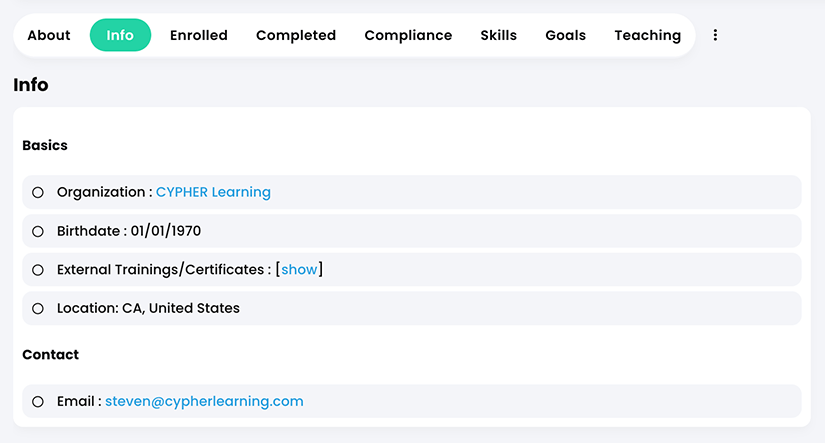 Profile page, Info tab