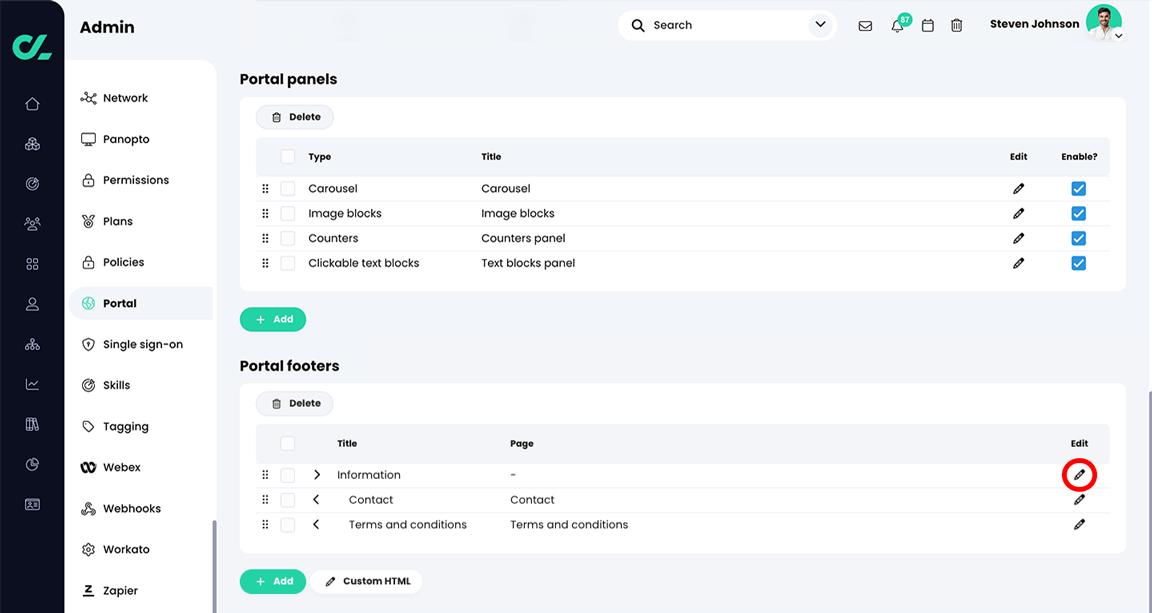 Admin, Portal, Visitor view tab, Portal footers section with the Edit icon highlighted for a footer item