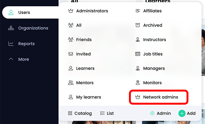 Primary navigation menu, User menu active with Network admins highlighted