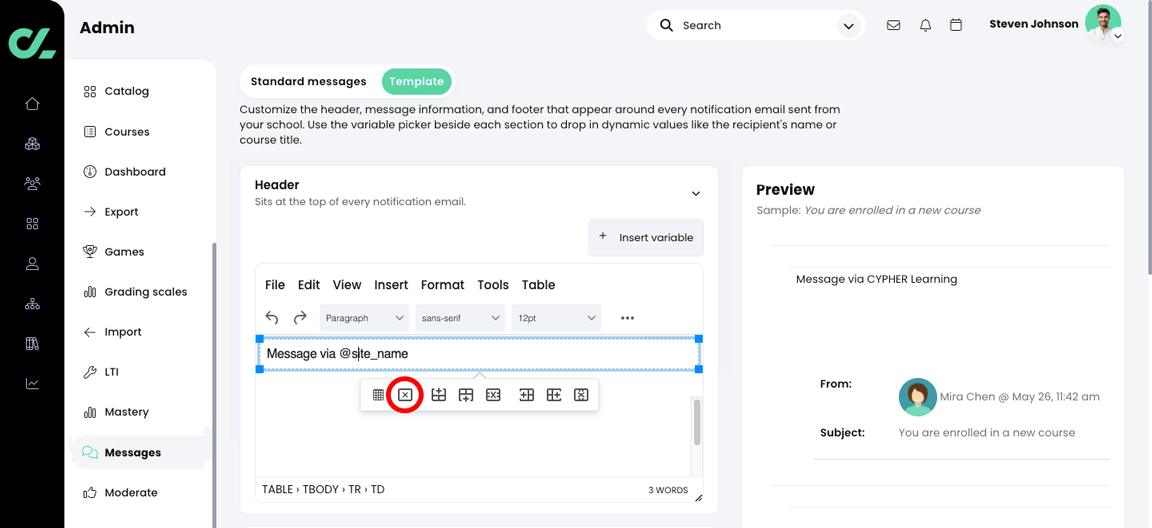 Admin, Messages, Template tab with the Header table row selected and the Delete table icon highlighted on the Table menu