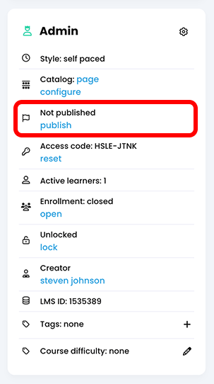 Admin panel with course published status highlighted