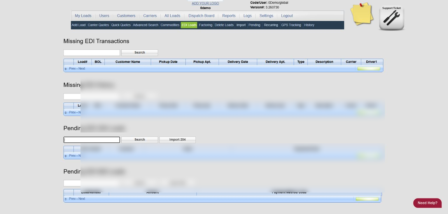 0Demo EDI Loads screen with sample transaction rows redacted