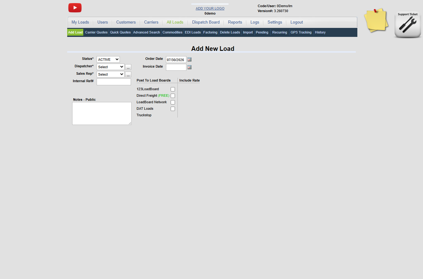 0Demo load stop section showing Stop Miles, DH Miles, and the Refresh Miles control
