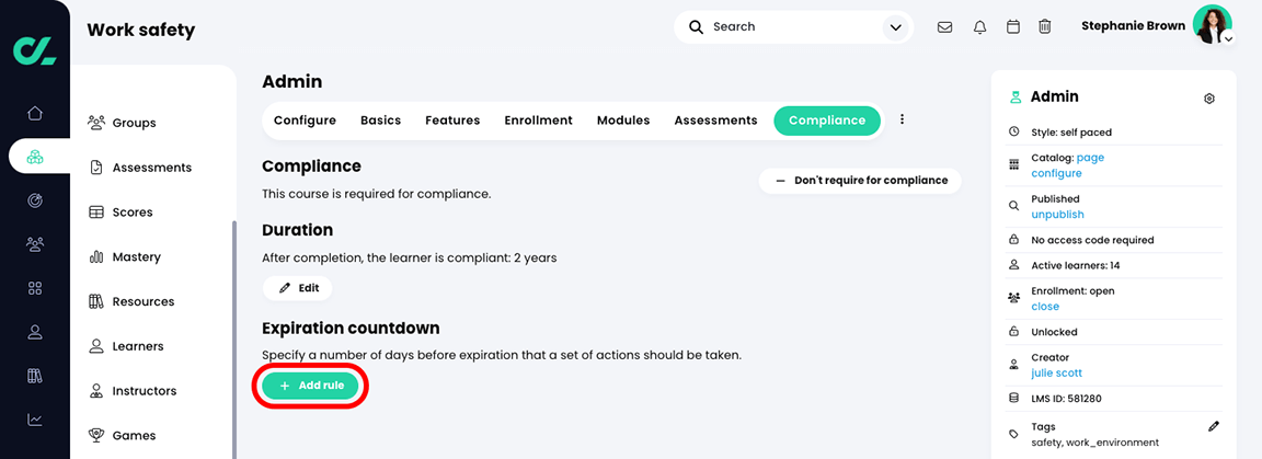 Course, Admin, Compliance page, Expiration countdown section with the Add rule button highlighted