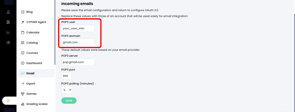 Admin, Email, Google configuration tab, Incoming emails section with the POP3 user and POP3 domain fields highlighted
