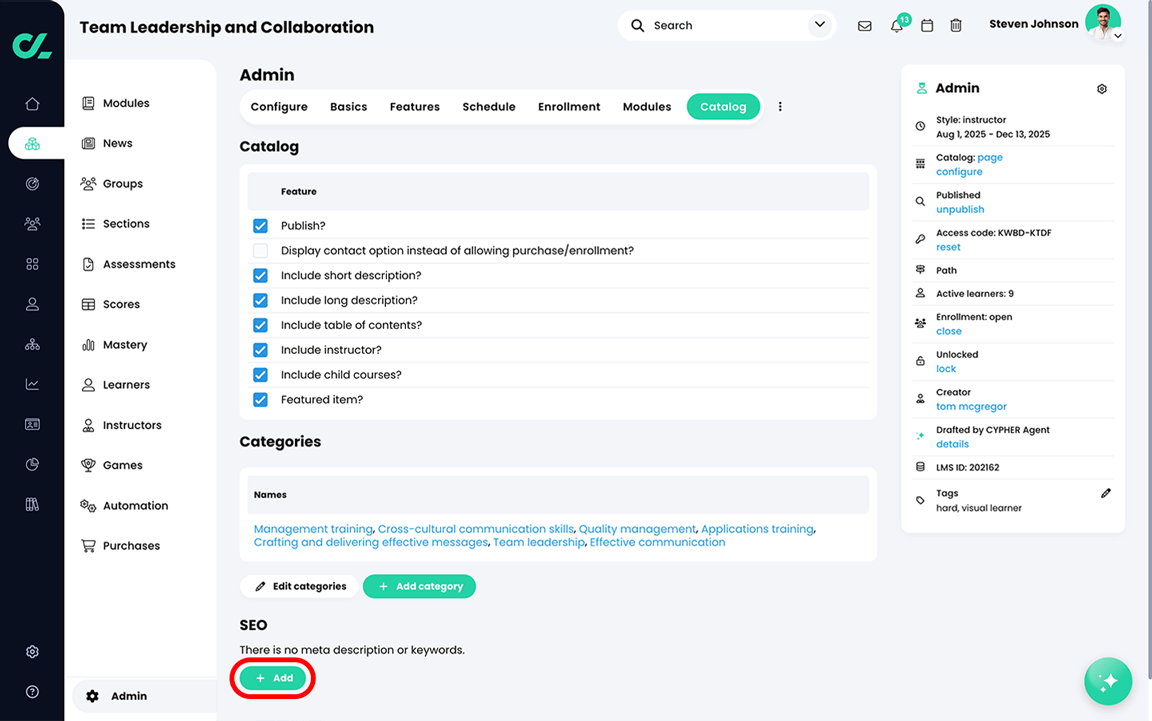 Course, Admin, Catalog tab with the Add button highlighted in the SEO section