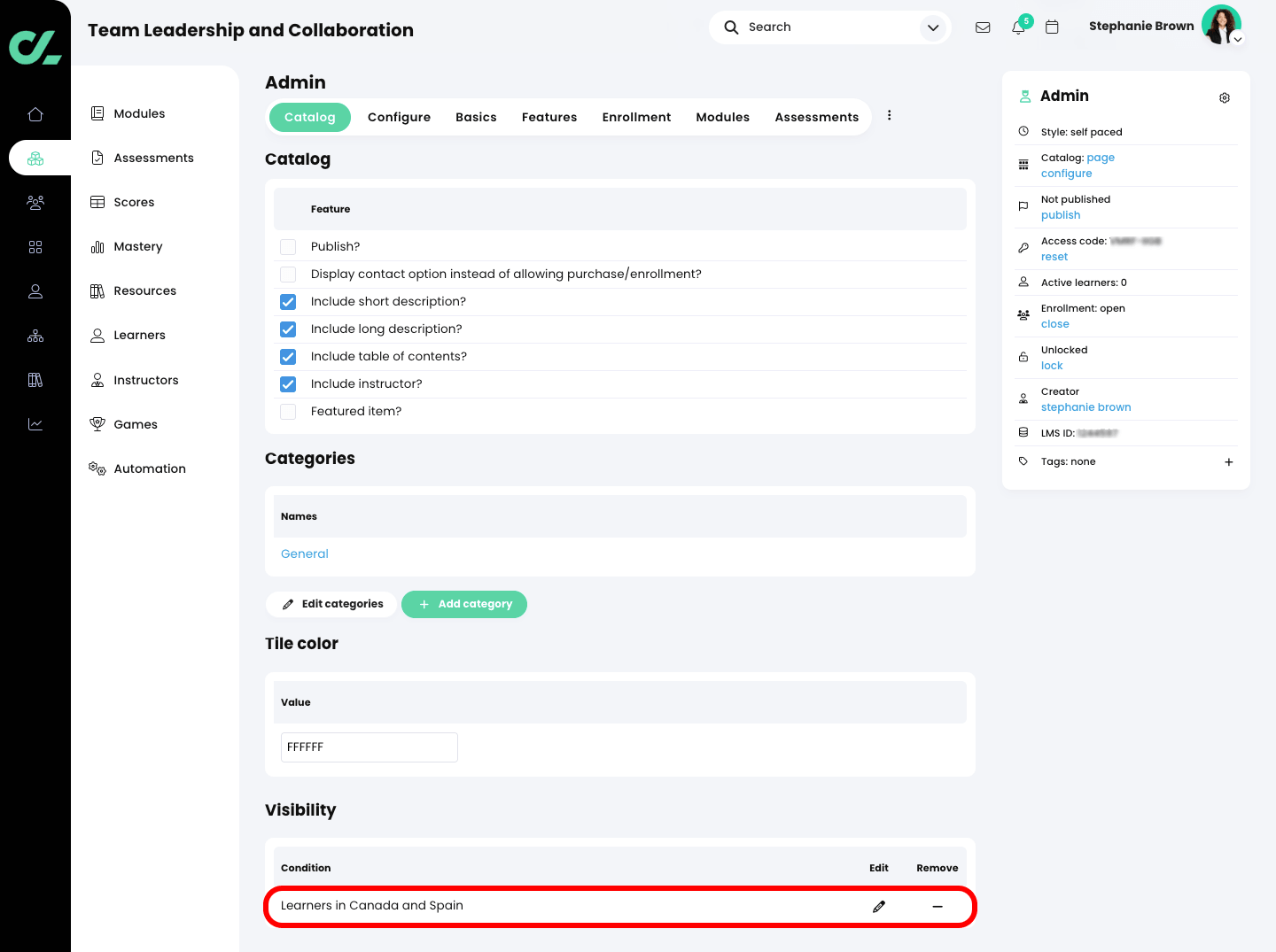 Course, Admin, Catalog page with the Visibility filter highlighted in the Visibility section
