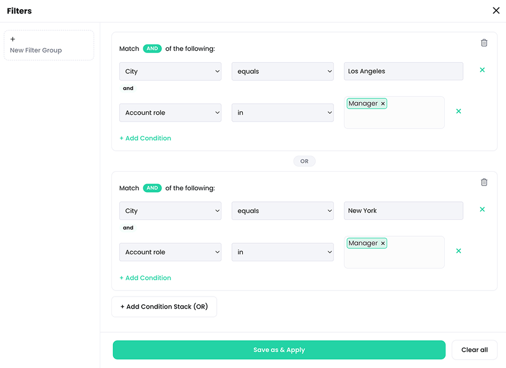 Conditional filter pop-up with two filter condition stacks