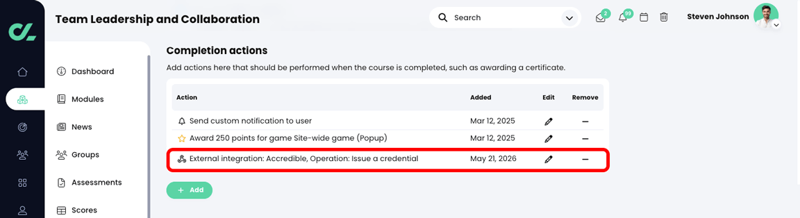 Course, Completion tab with an Accredible Issue a credential action highlighted in the Completion actions section