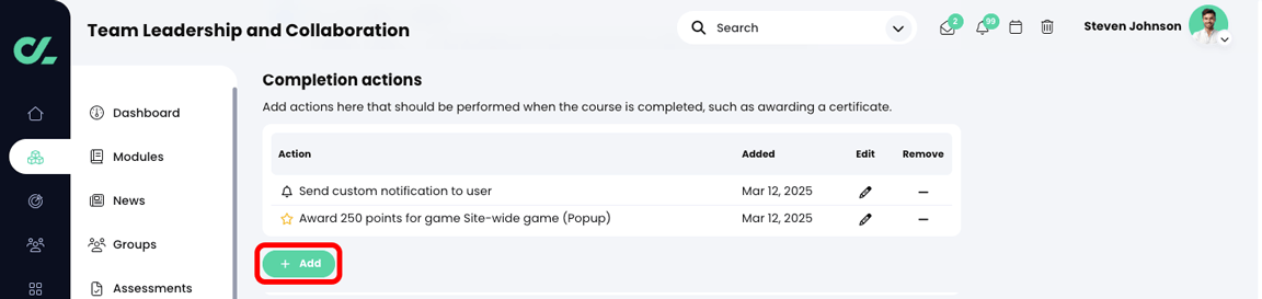 Course, Completion tab with the Add button highlighted in the Completion actions section
