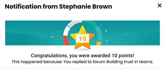Example of a notification for points earned by replying to a post in a forum