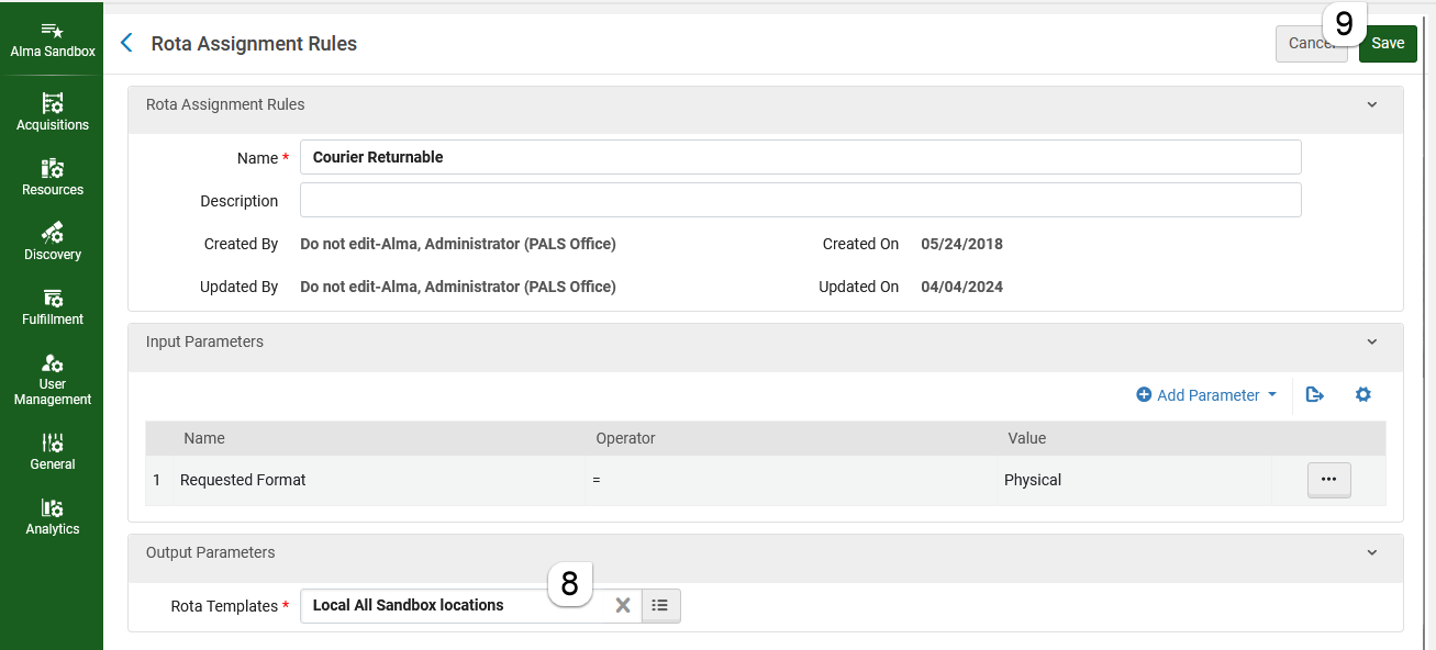 Verify the institution rota is selected and save