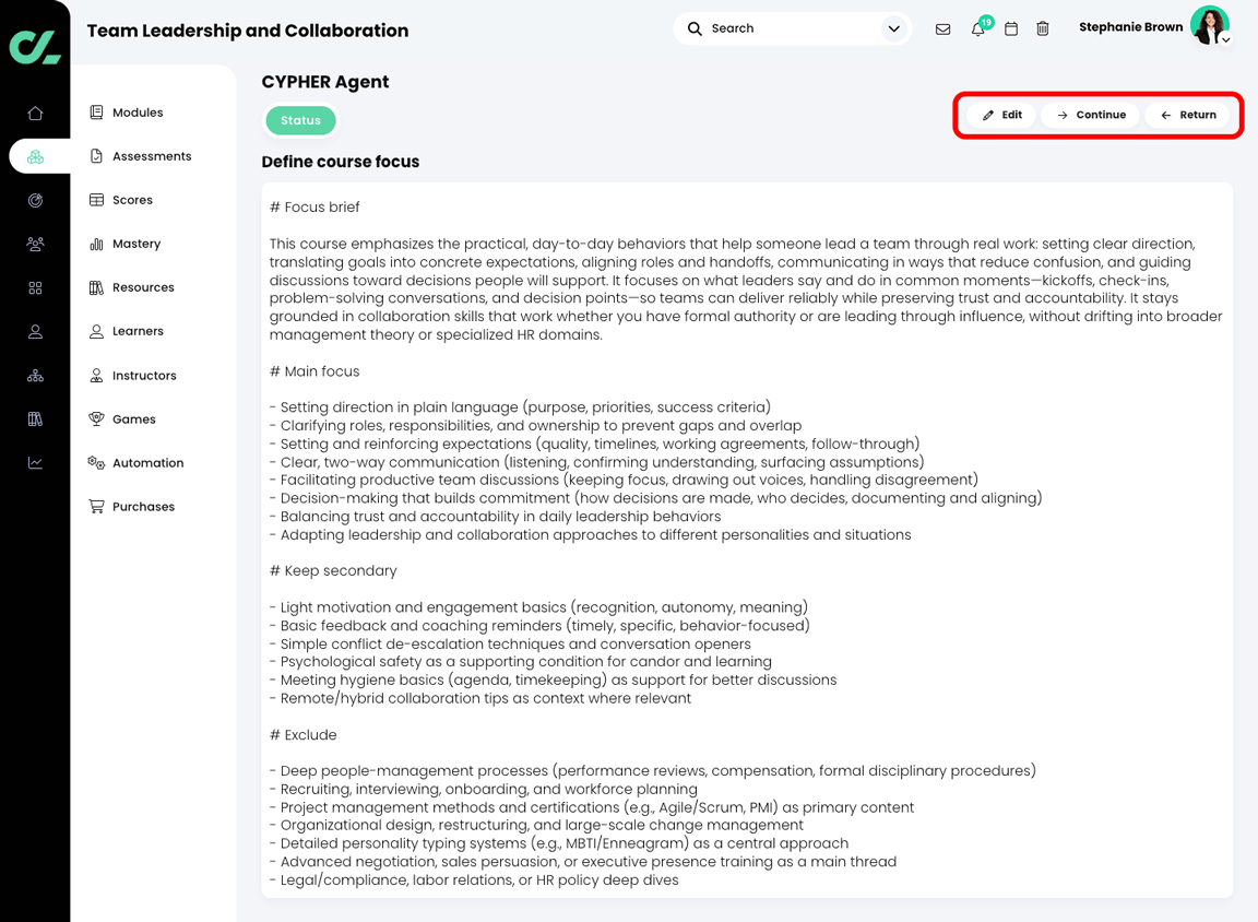 CYPHER Agent Define course focus Markdown file, with the Edit, Continue, and Return buttons highlighted
