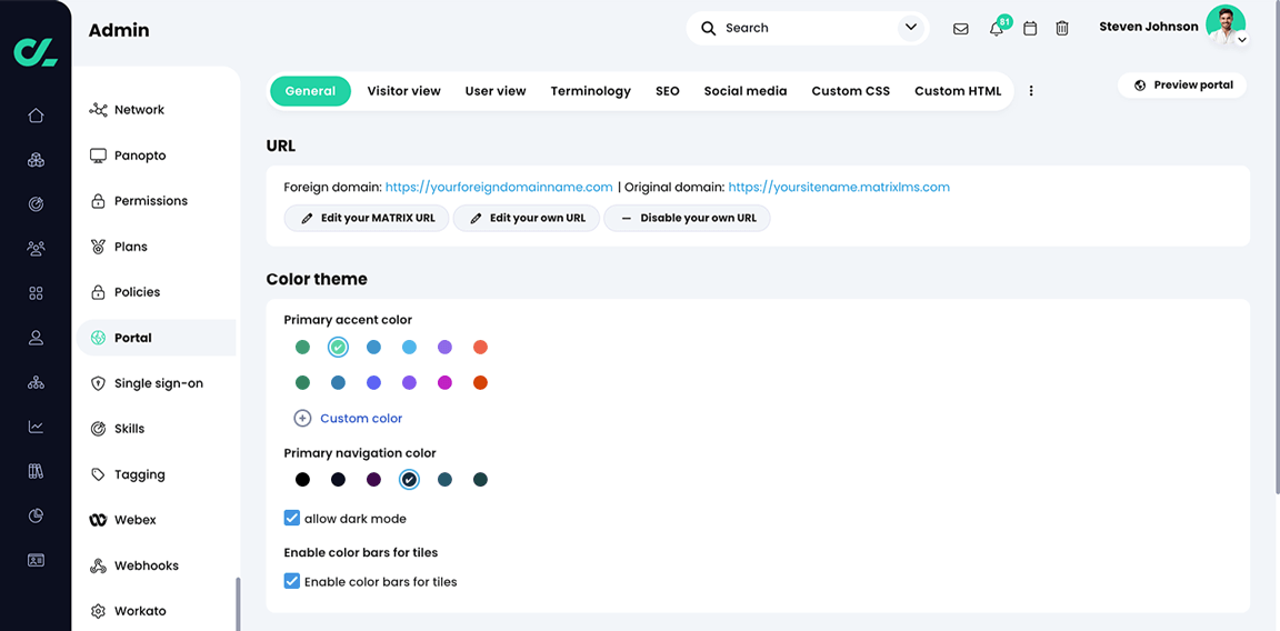 Admin, Portal, General tab, Color section with colors selected as Primary accent color and Primary navigation color