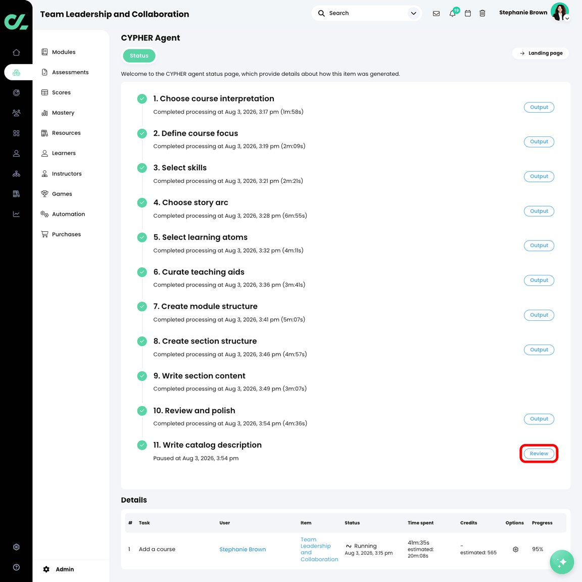 CYPHER Agent status page with the Review button highlighted in the Write catalog description section