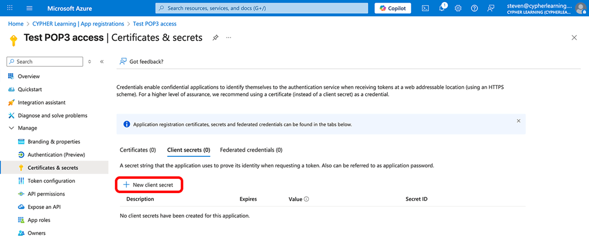 Microsoft Entra ID, App registrations, Application Certificates & secrets page with the New client secret button highlighted in the Client secrets tab