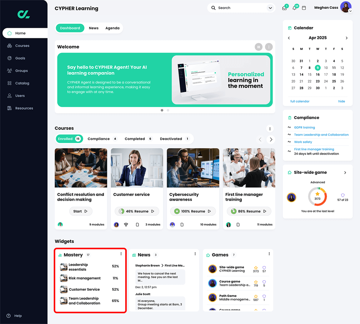 Learner home page dashboard with the Mastery widget highlighted