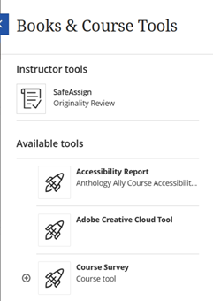 A screenshot of the right side Books & Course Tools menu from Blackboard Ultra. There is a red box around the Accessibility Report option.