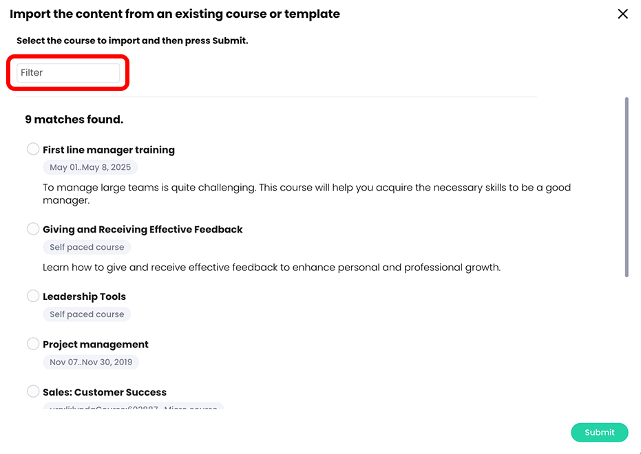 Import the content from an existing course or template pop-up with 9 course matches found and the filter text box highlighted