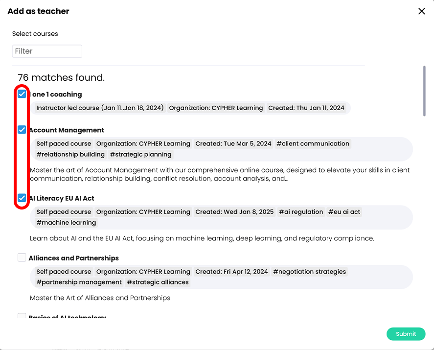 Add as teacher pop-up with the checkboxes selected and highlighted for three courses