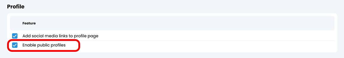 Admin, Policies, Learner tab, Profile section with the Enable public profiles checkbox selected
