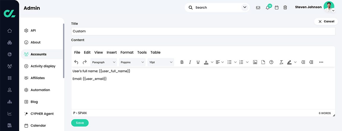 Admin, Accounts, Add custom profile tab editor