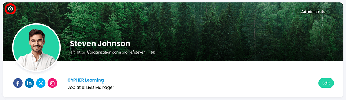 User profile with the cog icon highlighted on their background picture