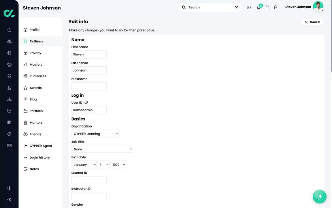 User profile, Edit info page