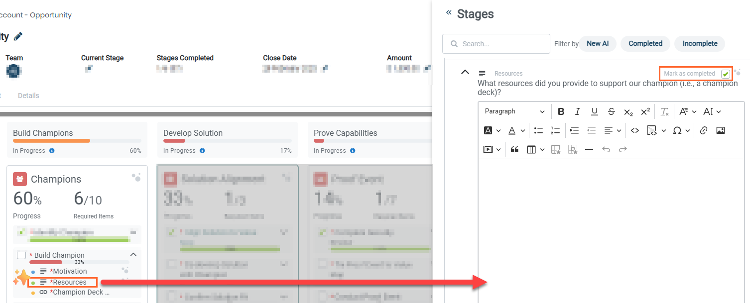 First screenshot of status tracking for Notes and Questions in a sales process dashboard 