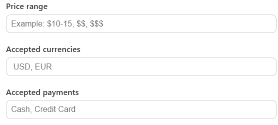 Tapita SEO & Speed - Add Local Business Schema Markup - Price range, accepted currencies, accepted payments