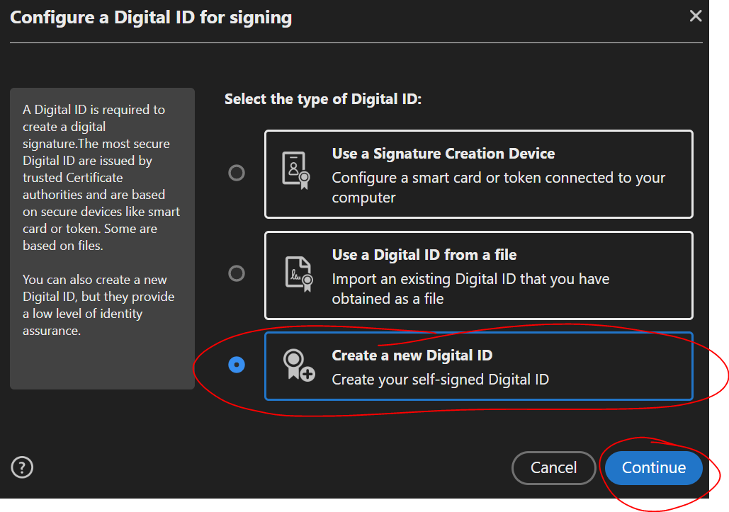 Create a new Digital ID screenshot