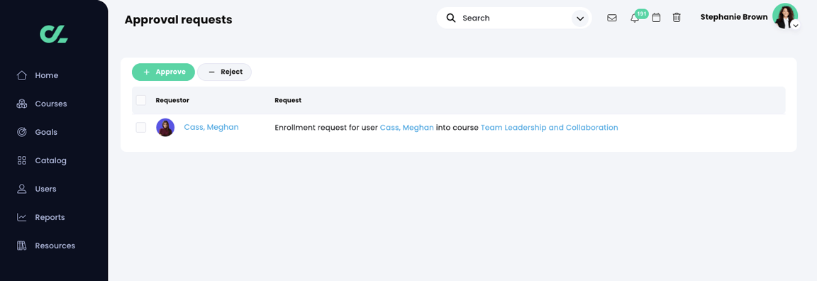 The Approval requests page for an instructor, with a pending enrollment request