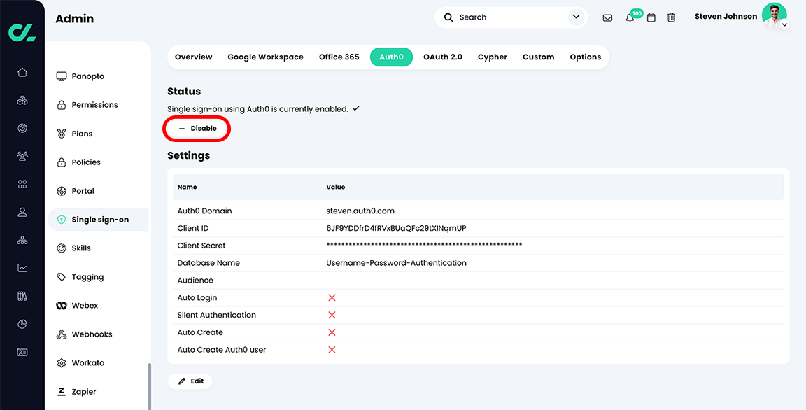 Admin, Single sign-on, Auth0 tab with Auth0 enabled and the Disable button highlighted