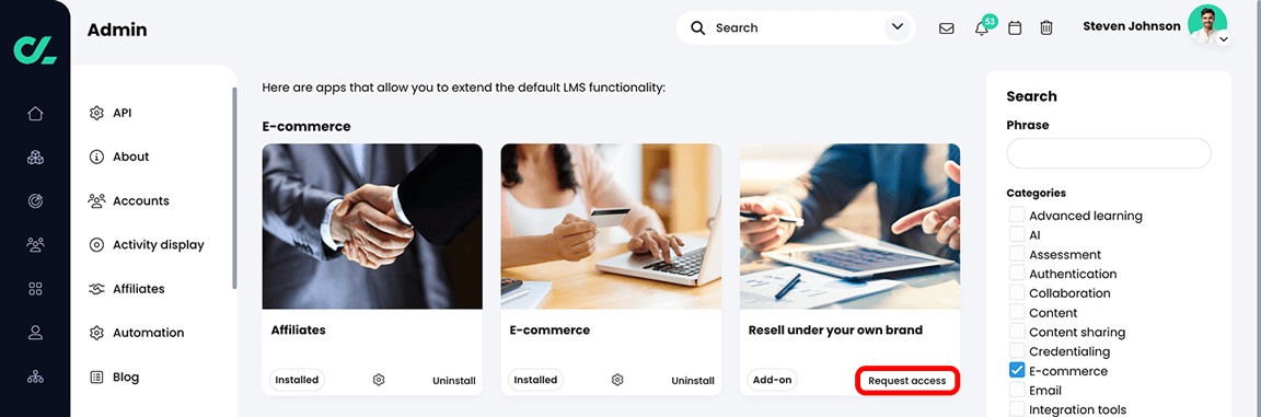 Admin, App center with Request access highlighted on the Resell under your own brand app tile