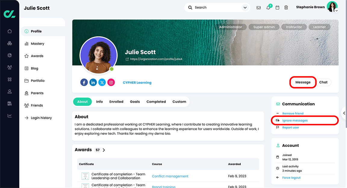 User profile page with the Message and Ignore messages buttons highlighted