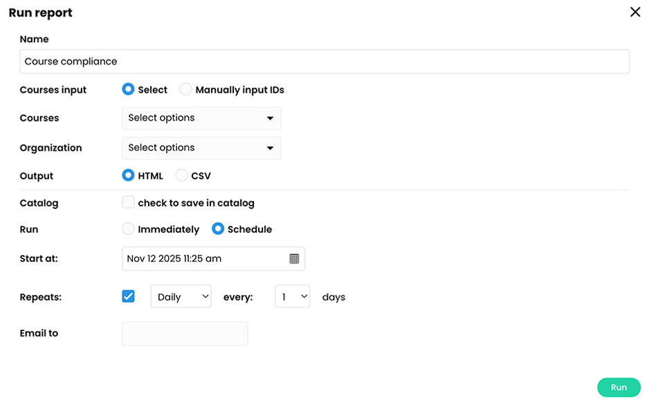 Run report pop-up for the Course compliance report