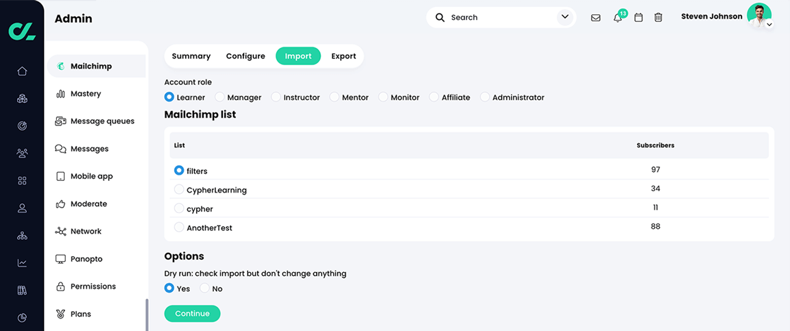 Admin, Mailchimp, Import tab