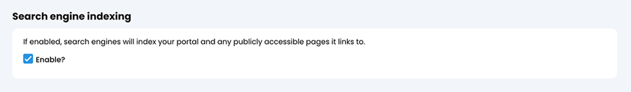 Admin, Portal, SEO tab, Search engine indexing section