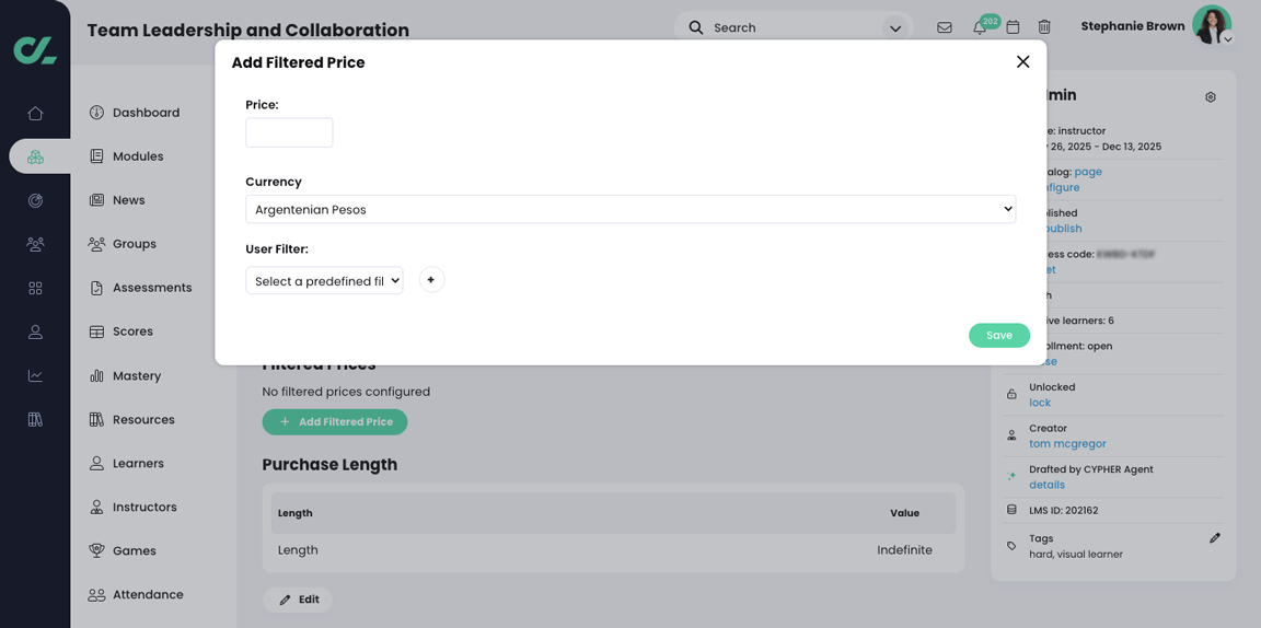 Course, Admin, E-commerce page with the Add Filtered Price pop-up 