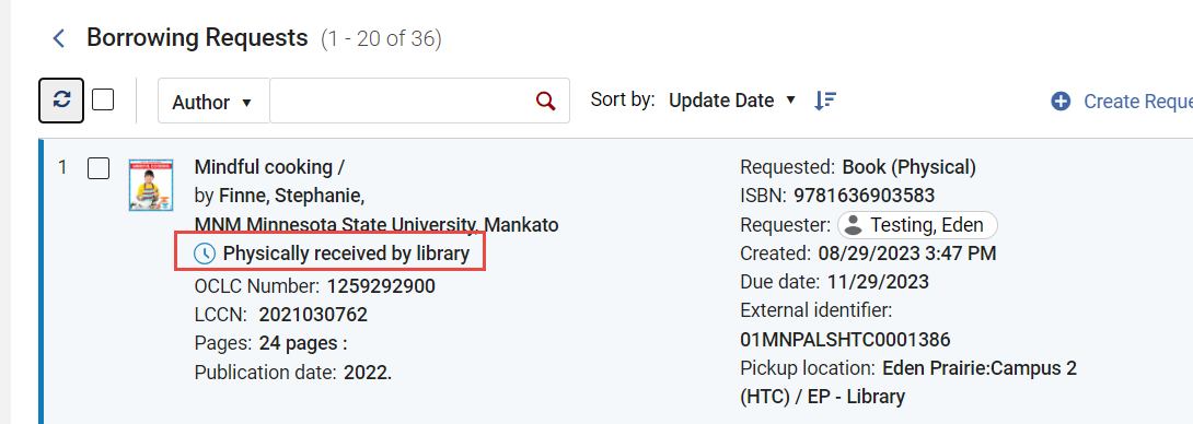 Request status of Physically received by library