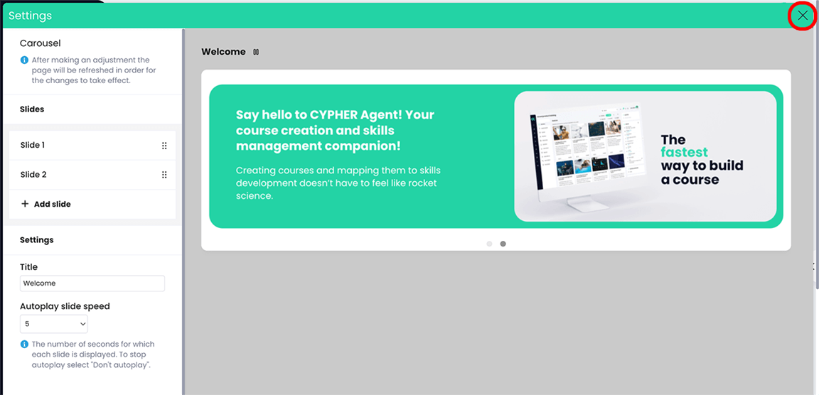 Banner widget edit view with its Close button highlighted