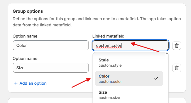 link group options metafields